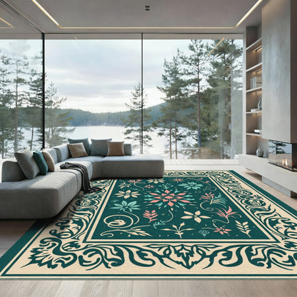 Teal Floral Scroll Frame Design Rug