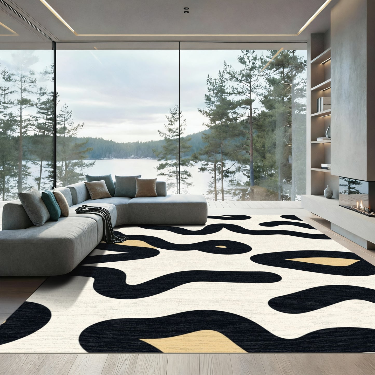 Cream Black Organic Wavy Lines Rug