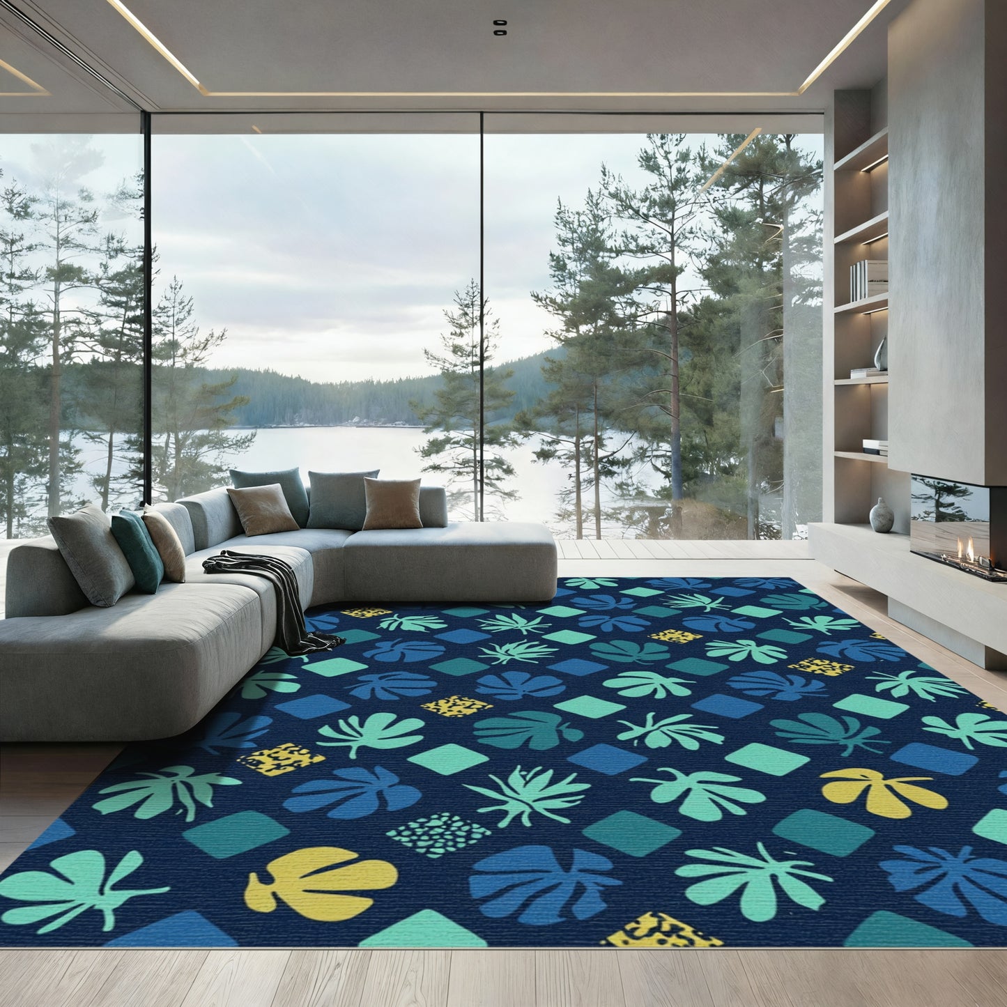Deep Teal Leafy Diamond Composition Rug