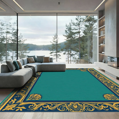 Emerald Teal Ornate Golden Border Rug