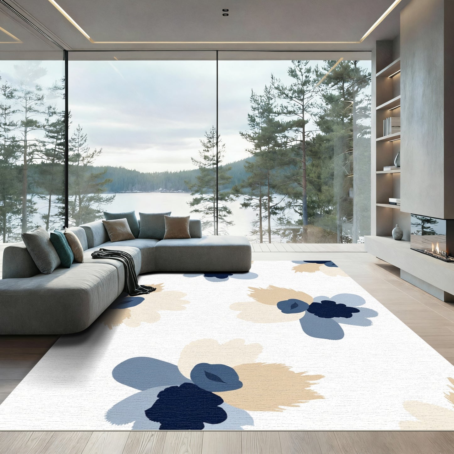 Earthy Beige Blue Abstracted Floral Rug