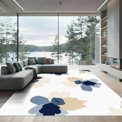 Earthy Beige Blue Abstracted Floral Rug