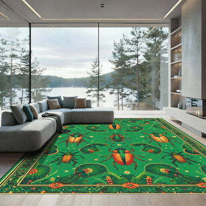 Emerald Green Beetle Floral Garden Rug