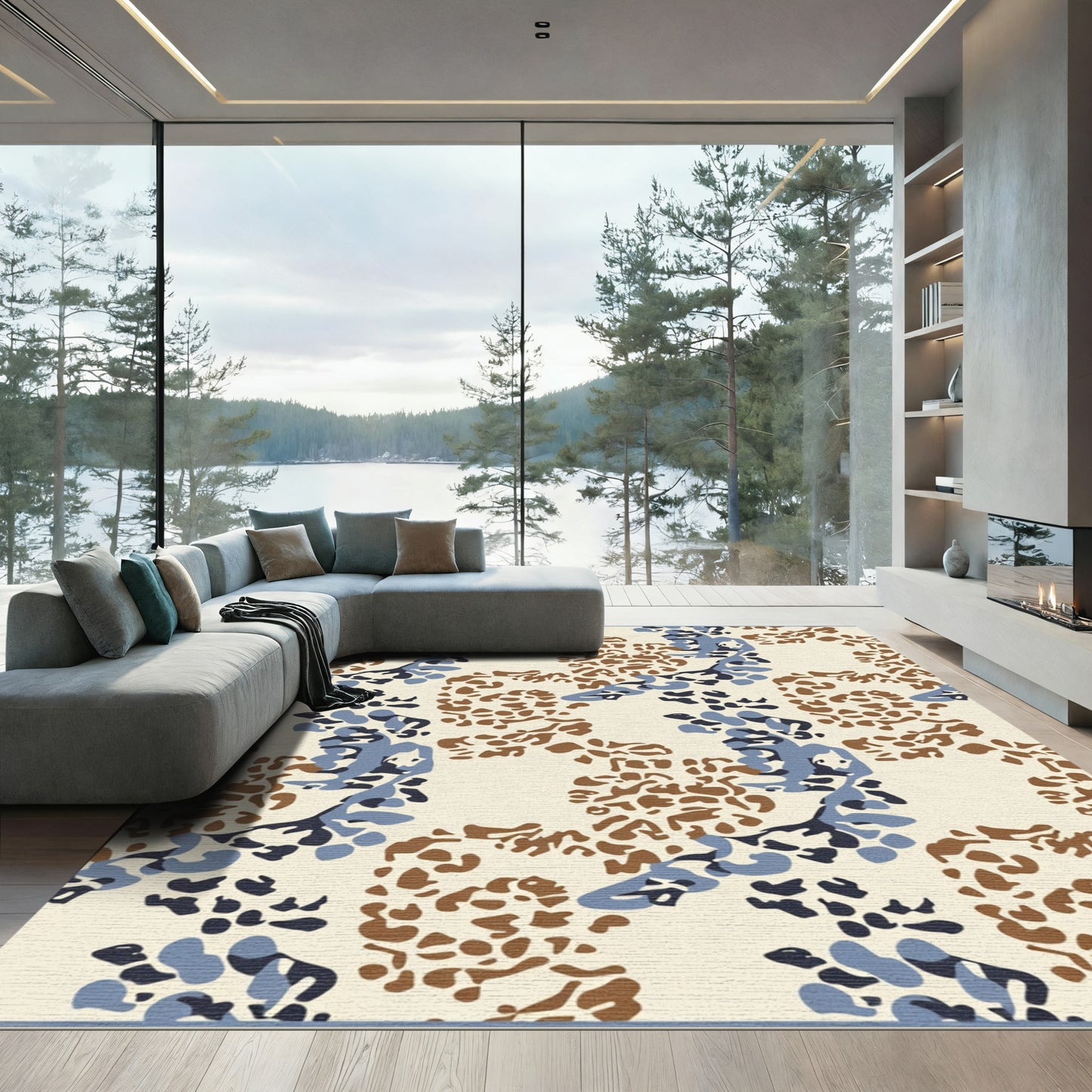 Abstract Blue Brown Organic Forms Rug