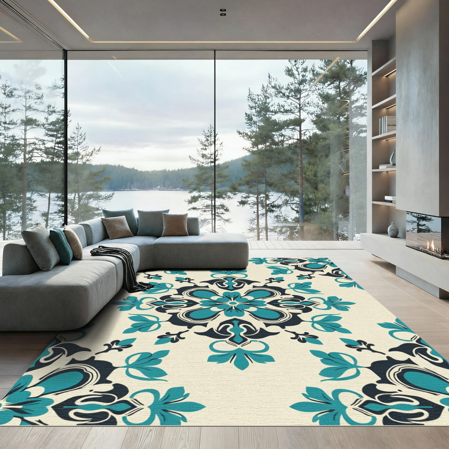 Teal Cream Symmetry Floral Medallion Rug