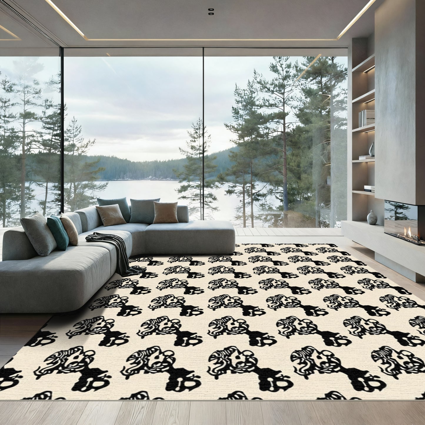 Black Cream Abstract Organic Repeating Pattern Rug
