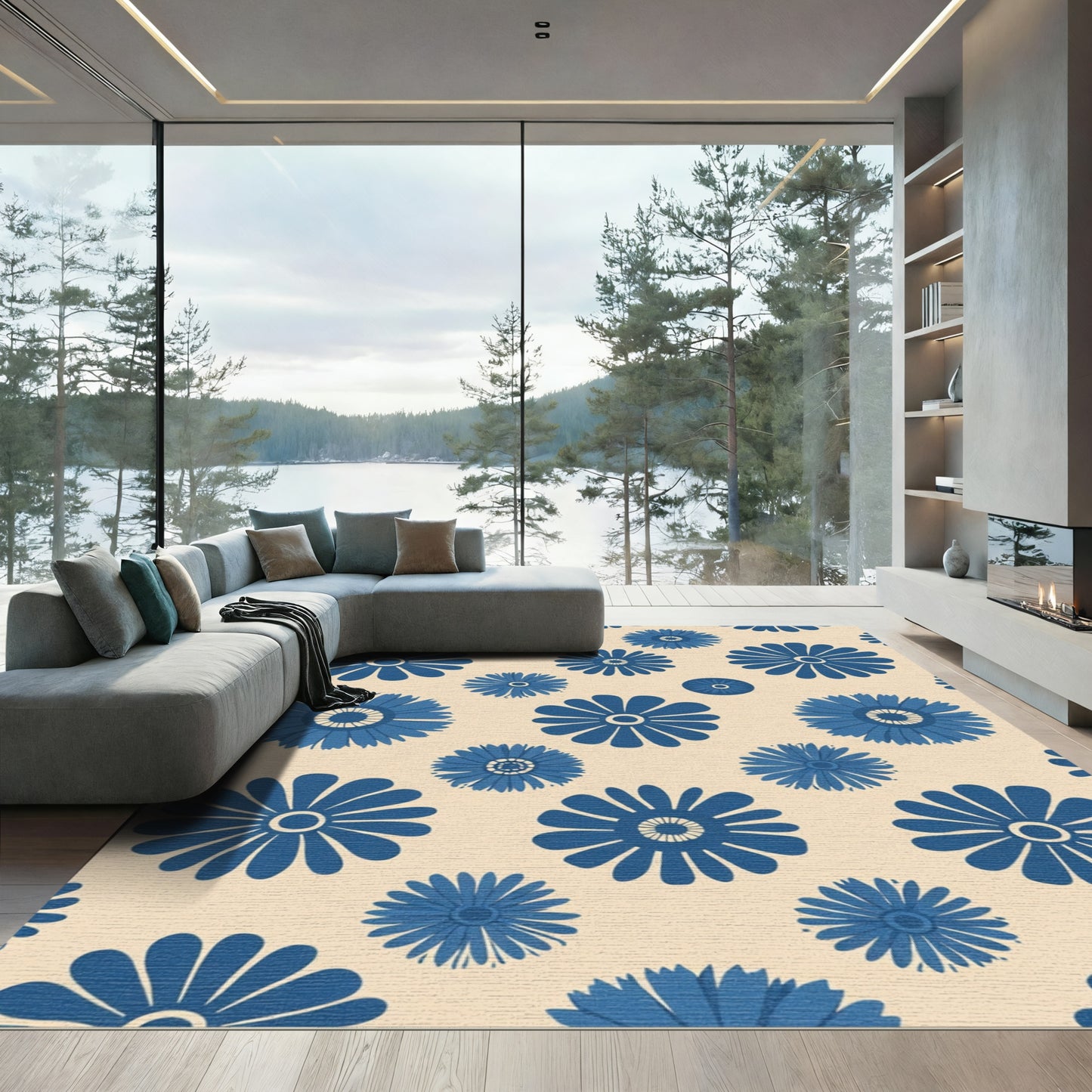 Bold Blue Daisy Bloom Cluster Rug