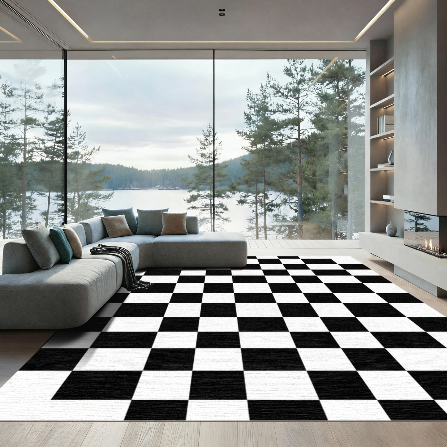 Black White Grid Check Rug