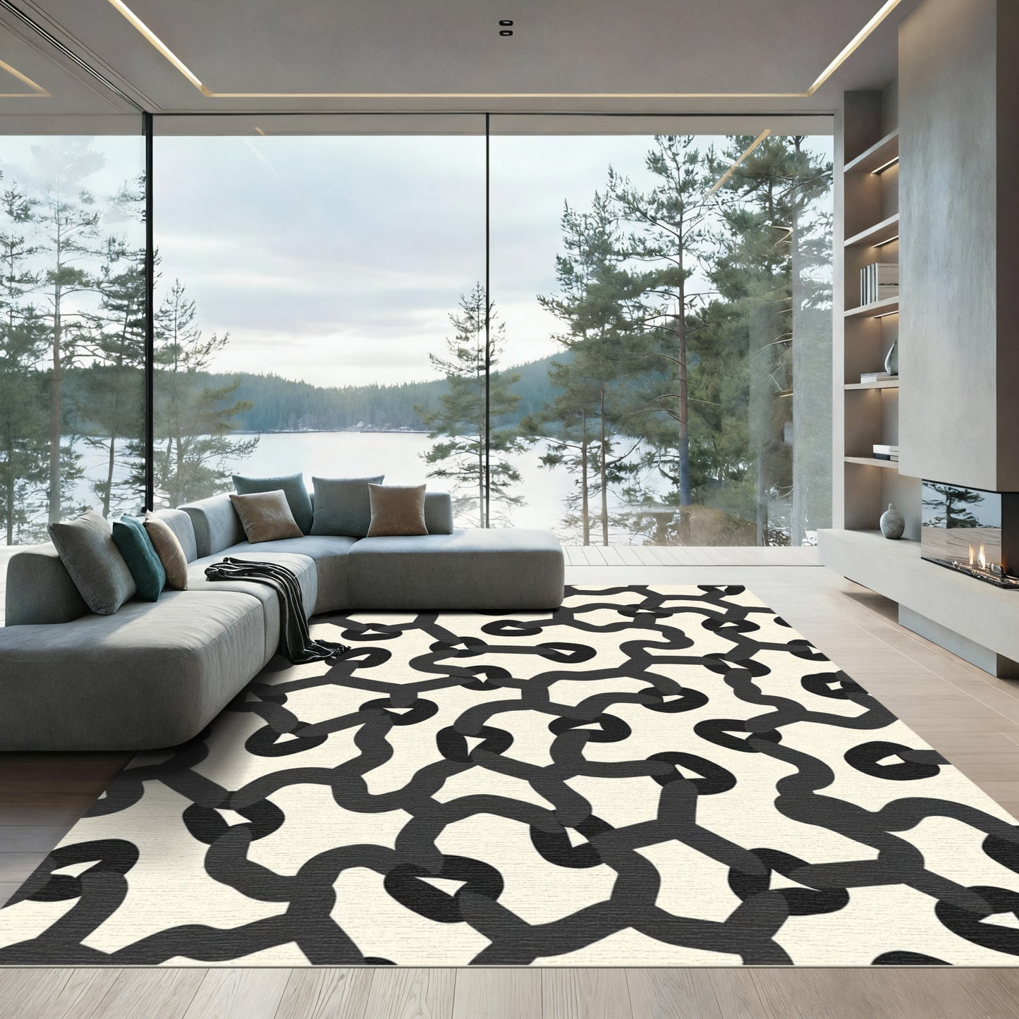 Dark Gray Abstract Chain Link Rug