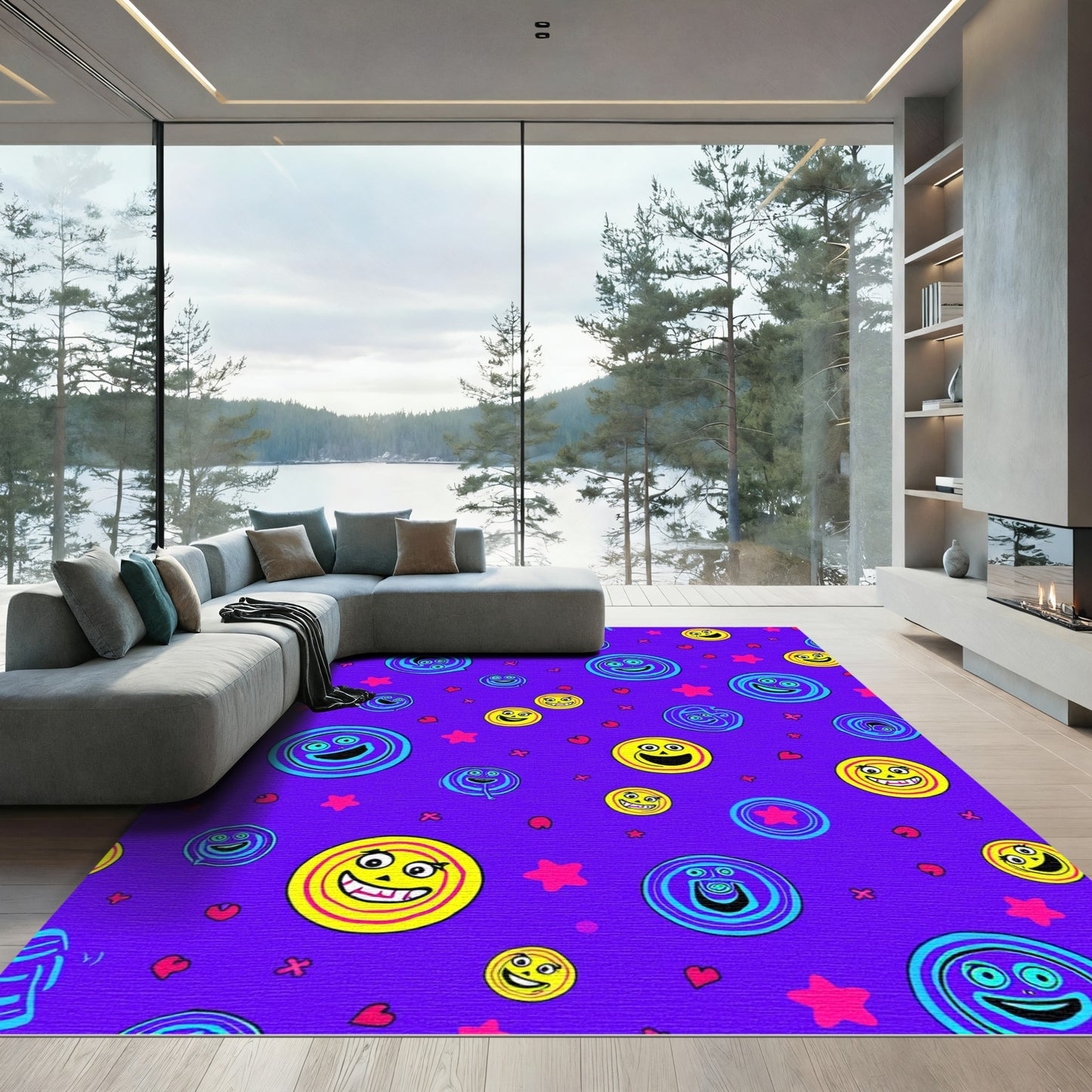 Playful Yellow Blue Smiley Faces Rug