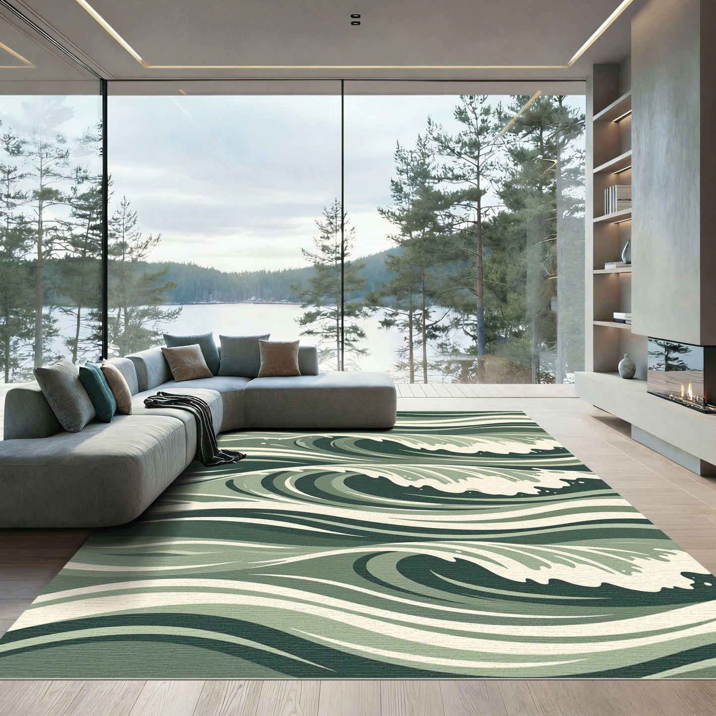 Deep Green Abstract Ocean Waves Rug