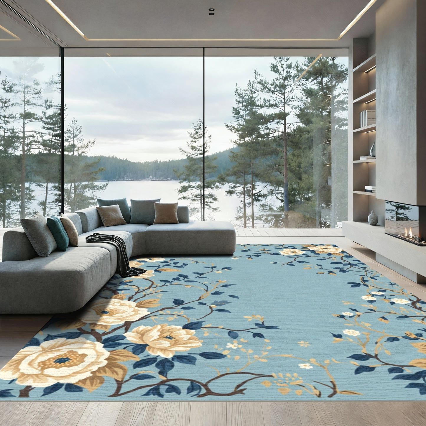 Cream Floral Branches Blue Background Rug