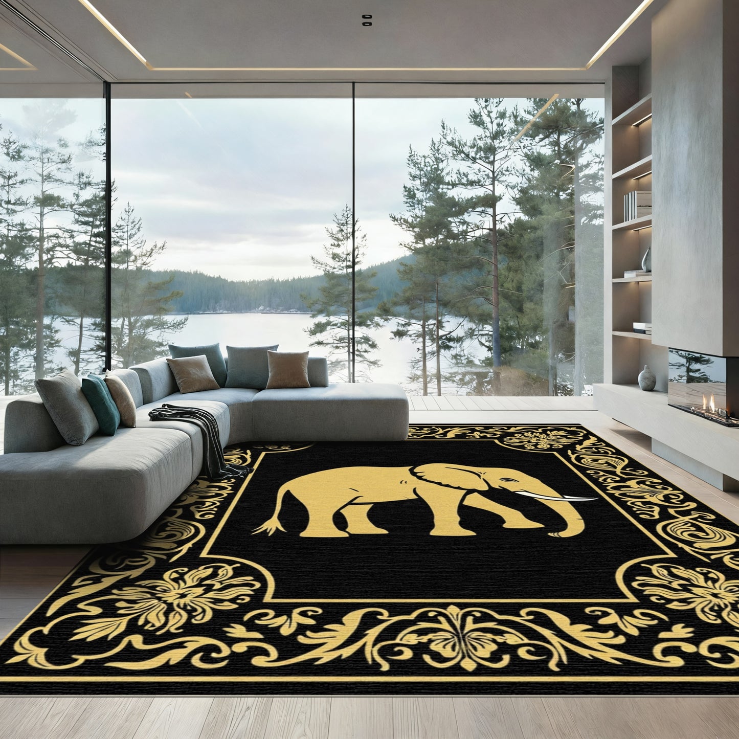 Majestic Gold Elephant Floral Border Rug