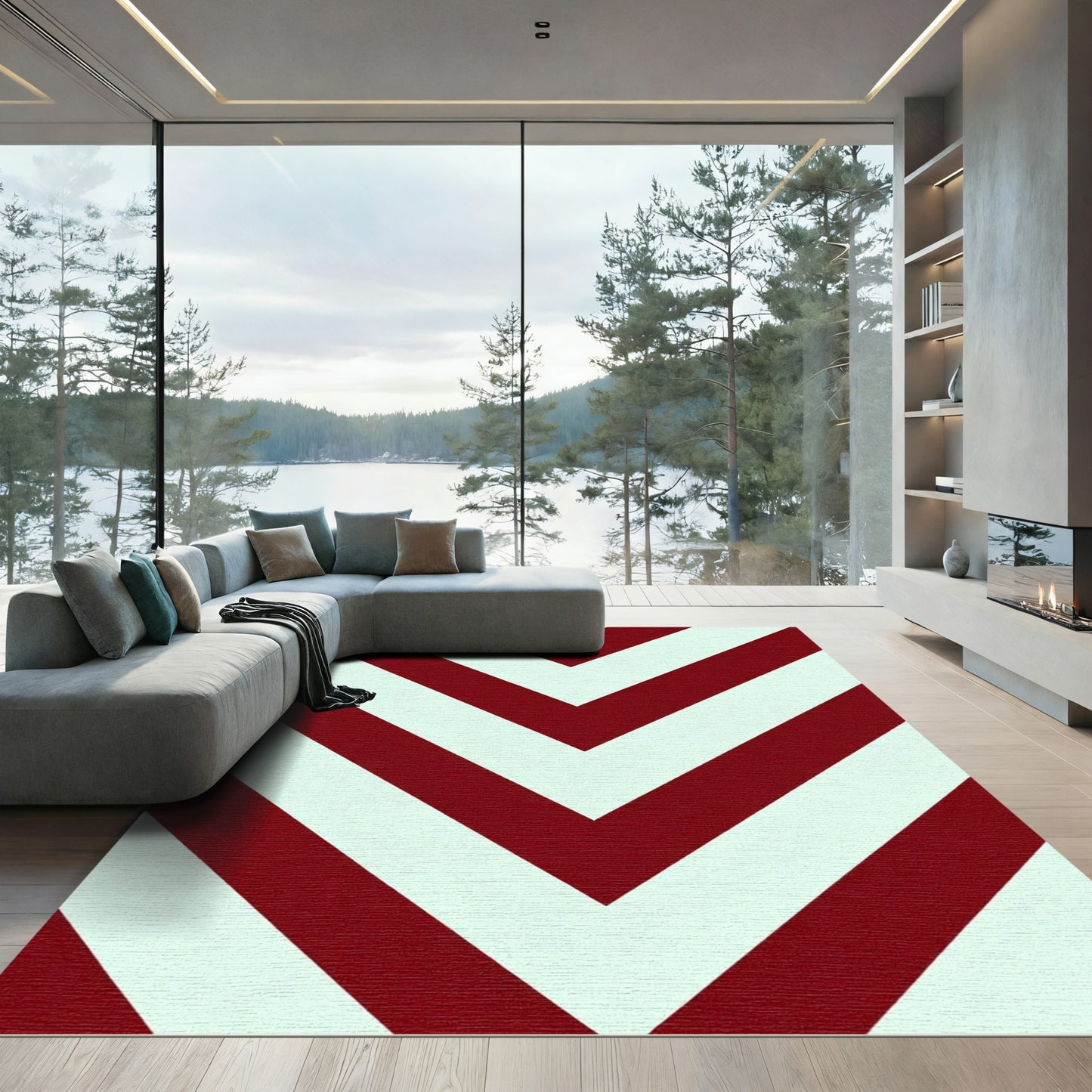 Crimson White Chevron Angled Bands Rug