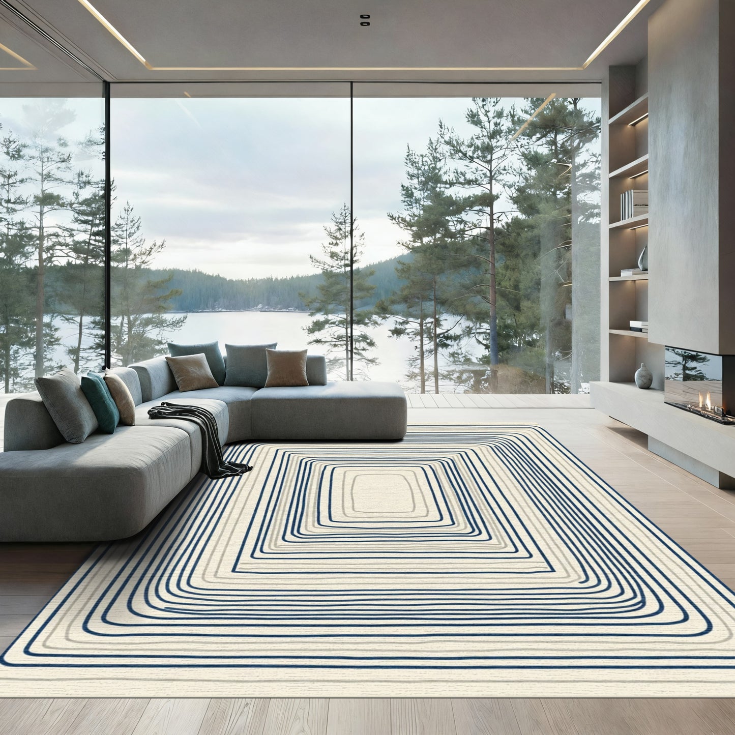 Nested Geometric Lines Navy Gray Rug