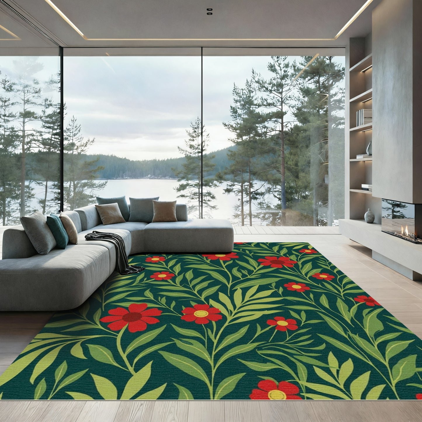 Lush Red Floral Vines Botanical Rug