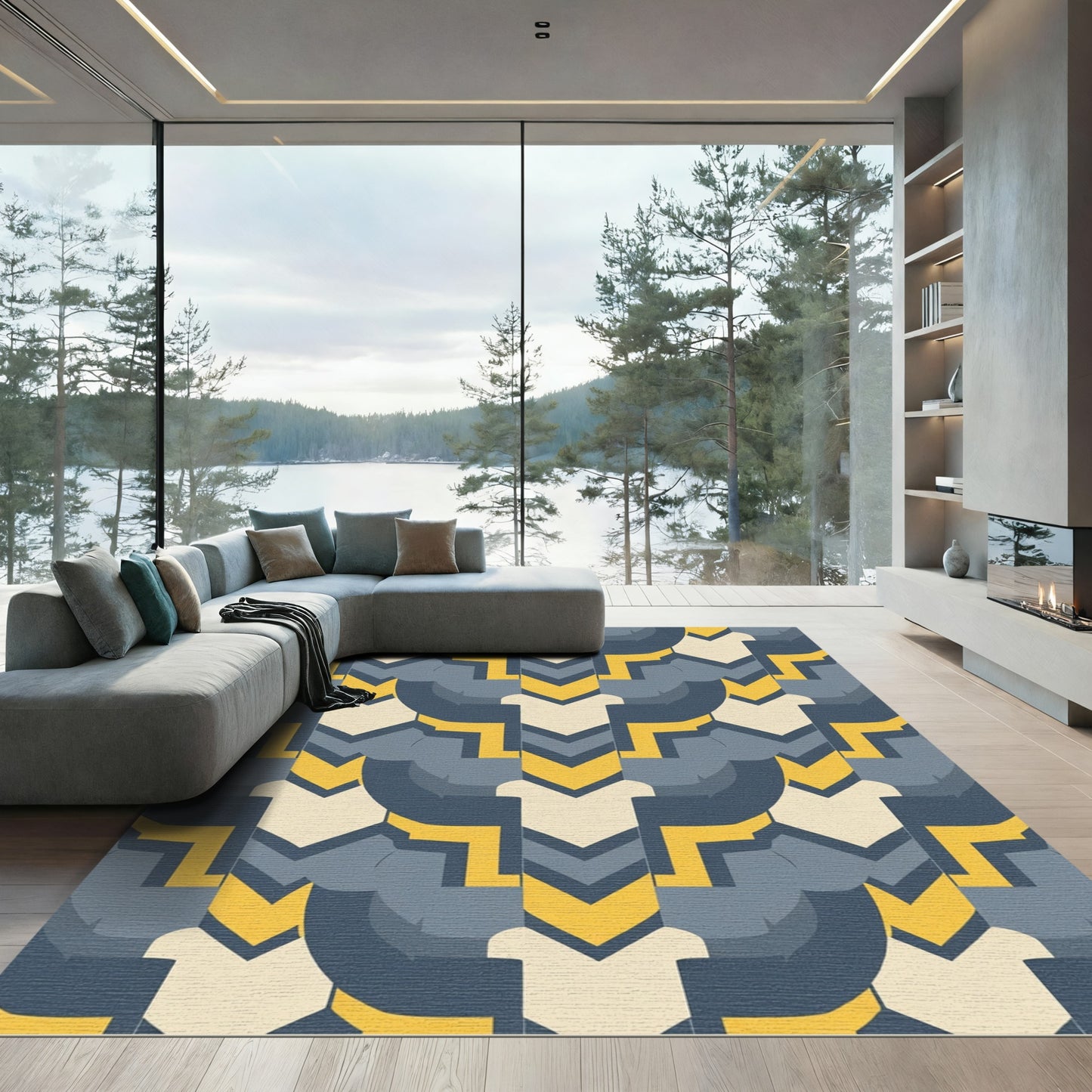 Modern Navy Yellow Accordion Rug