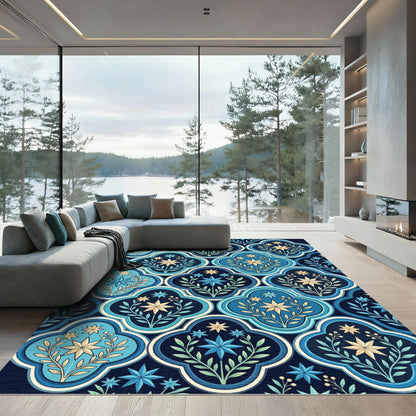Deep Blue Floral Arabesque Medallion Rug