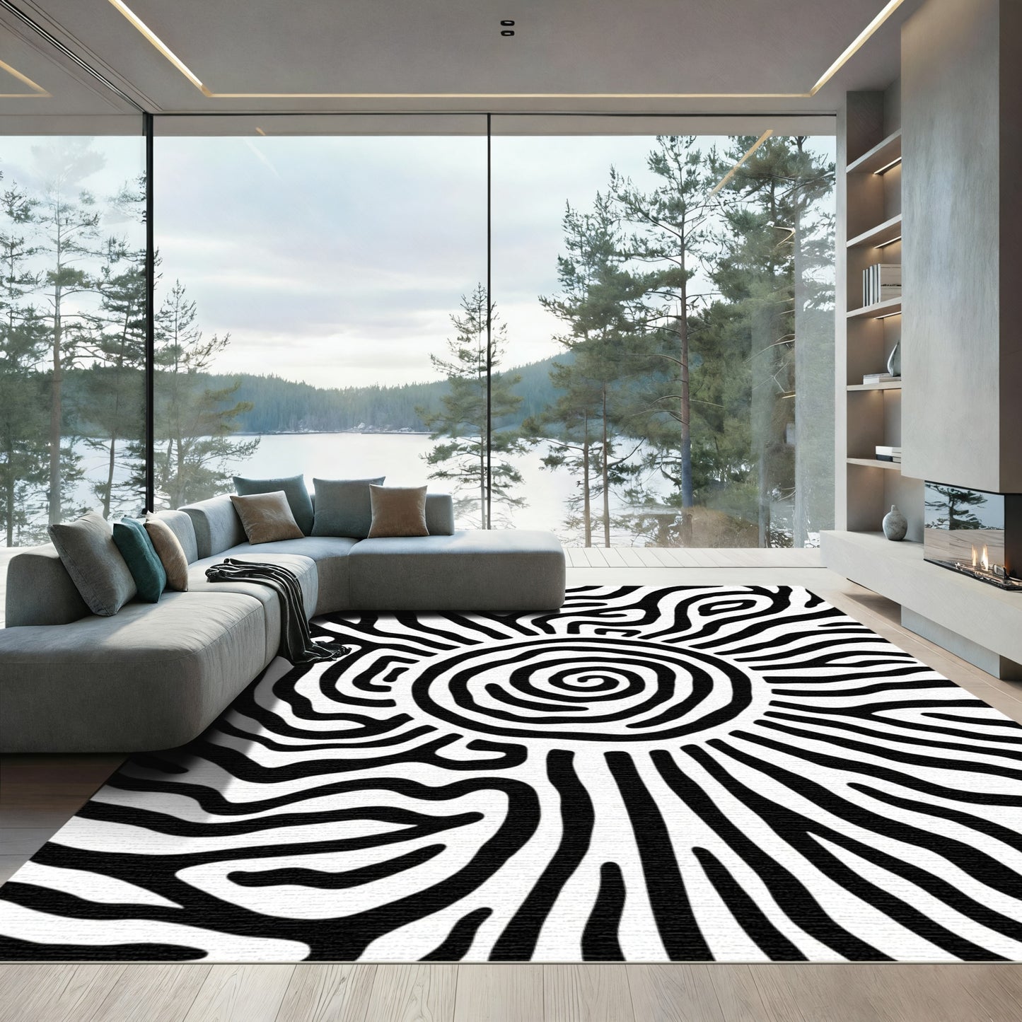 Bold Black White Sunburst Swirl Rug