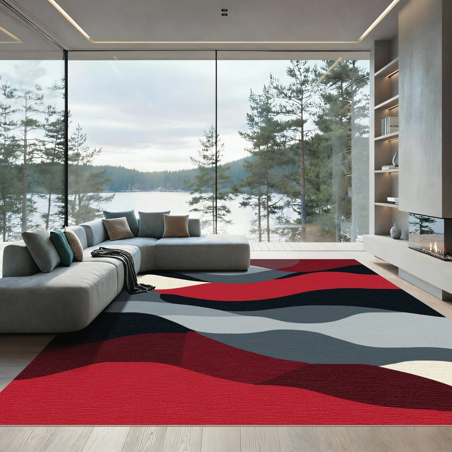 Crimson and Gray Abstract Wave Rug