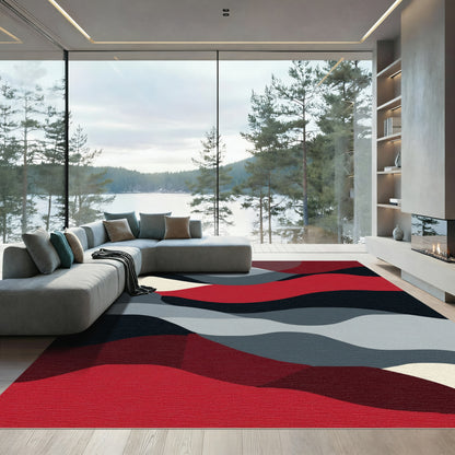 Crimson and Gray Abstract Wave Rug