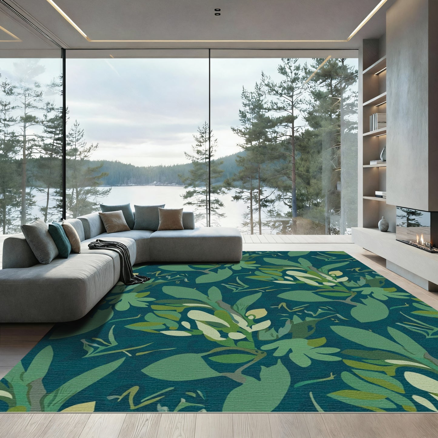 Deep Teal Abstract Botanical Leaves Rug