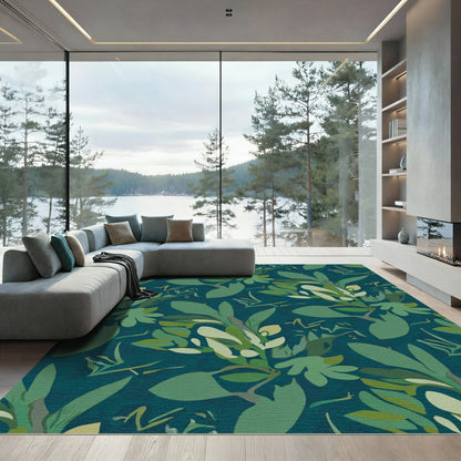 Deep Teal Abstract Botanical Leaves Rug