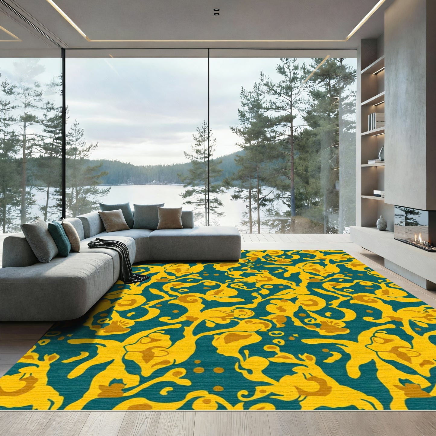Teal Ochre Abstract Swirl Foliage Rug
