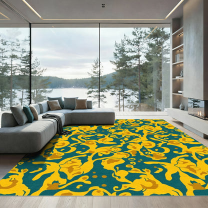 Teal Ochre Abstract Swirl Foliage Rug