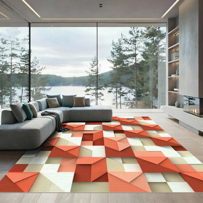 Coral Red Geometric Prism Illusion Rug