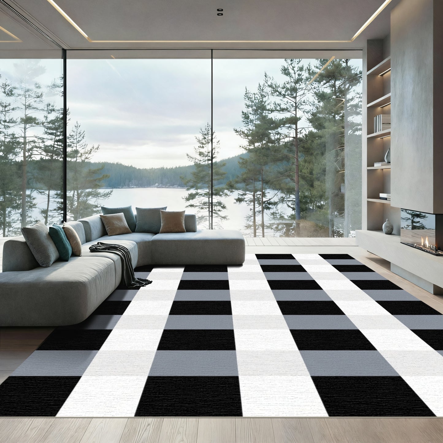 Classic Gray Black White Checkered Rug