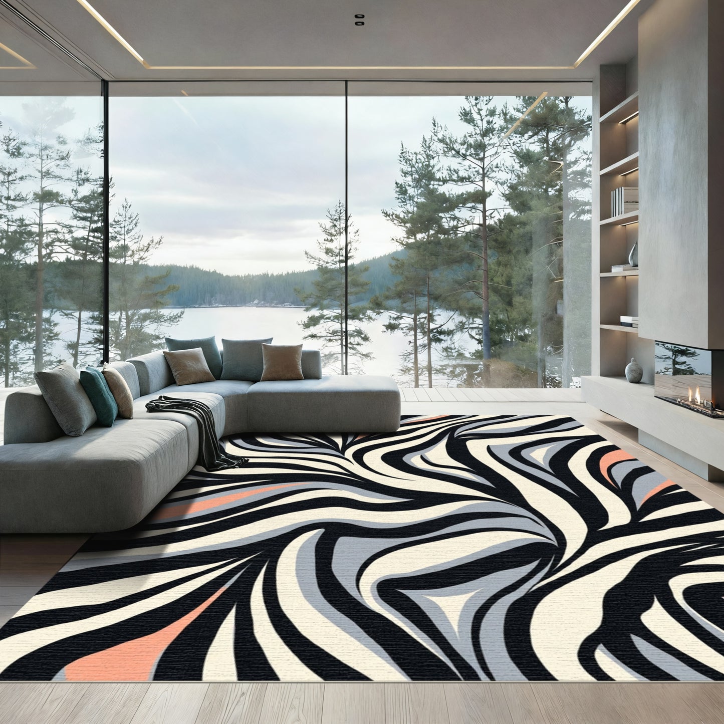 Coral Black Abstract Zebra Splash Rug