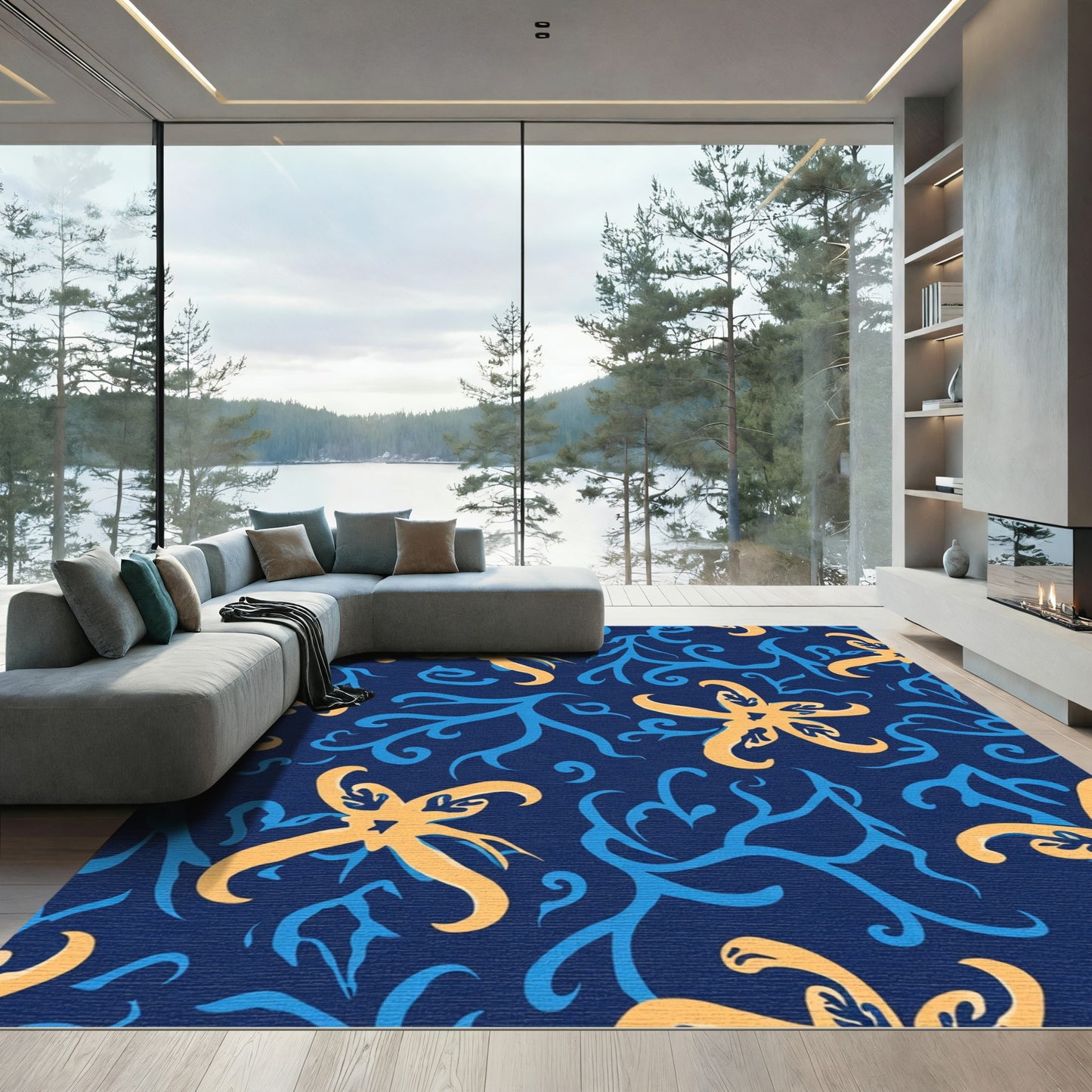 Nautical Yellow Starburst Coral Navy Rug