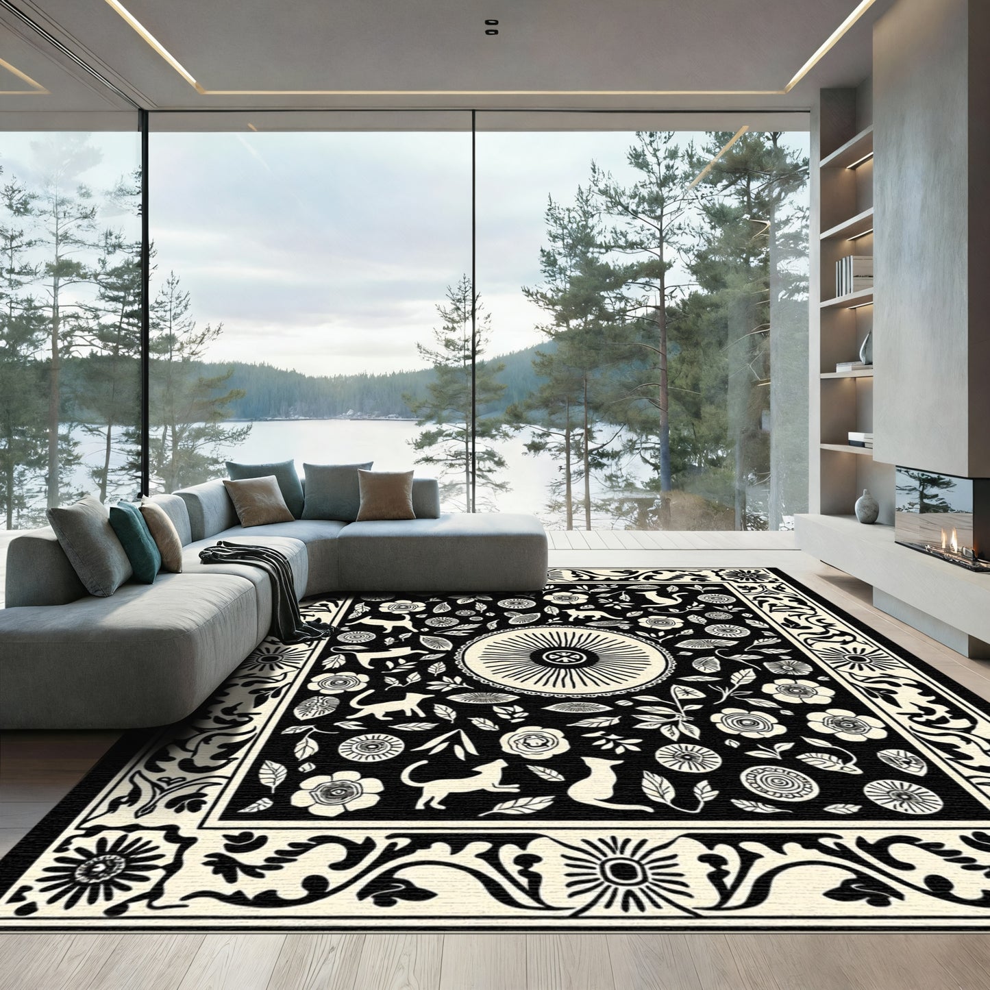 Black and Cream Whimsical Cat Garden Rug