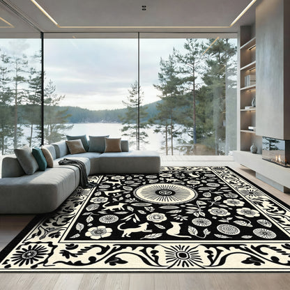 Black and Cream Whimsical Cat Garden Rug