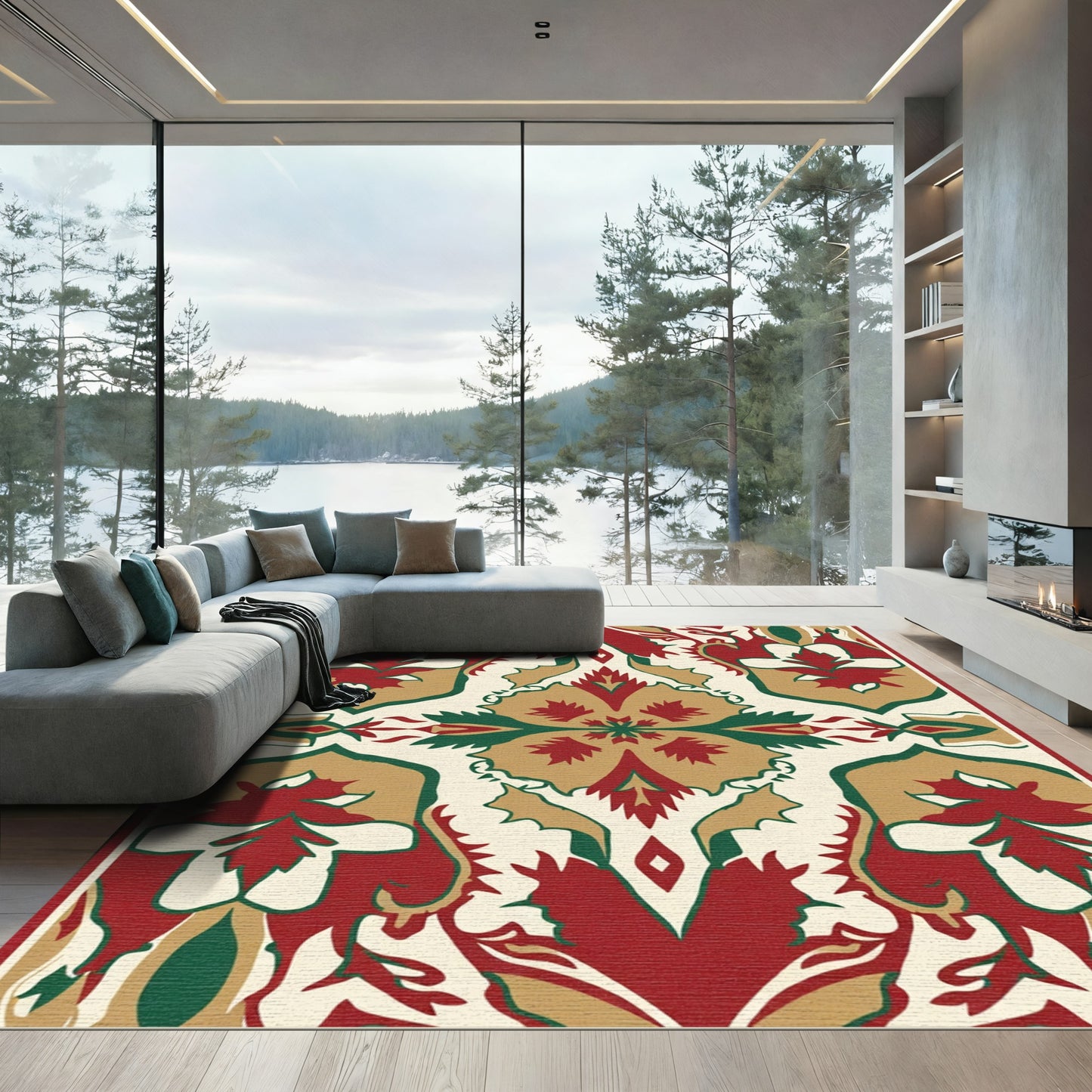 Crimson Gold Green Floral Symmetry Rug