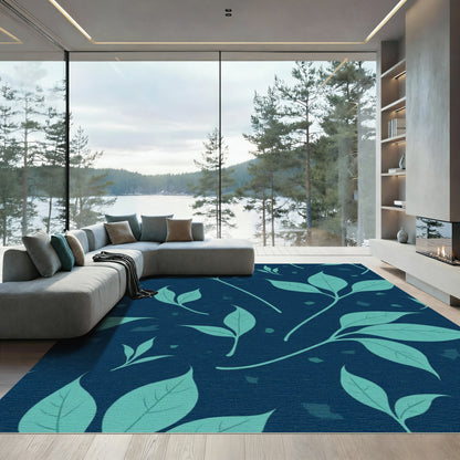 Teal Leafy Branches on Deep Blue Rug