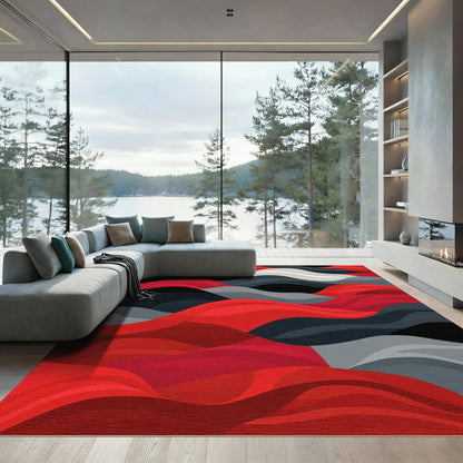 Red Gray Black Abstract Waves Rug