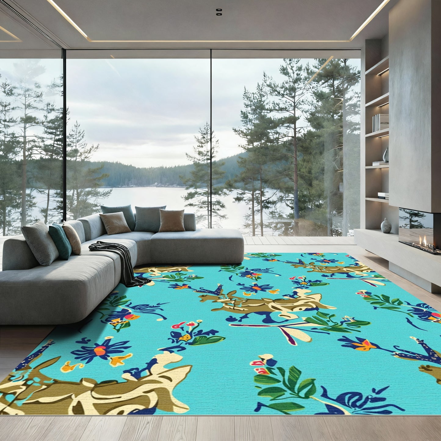 Whimsical Teal Floral Fawn Meadow Rug