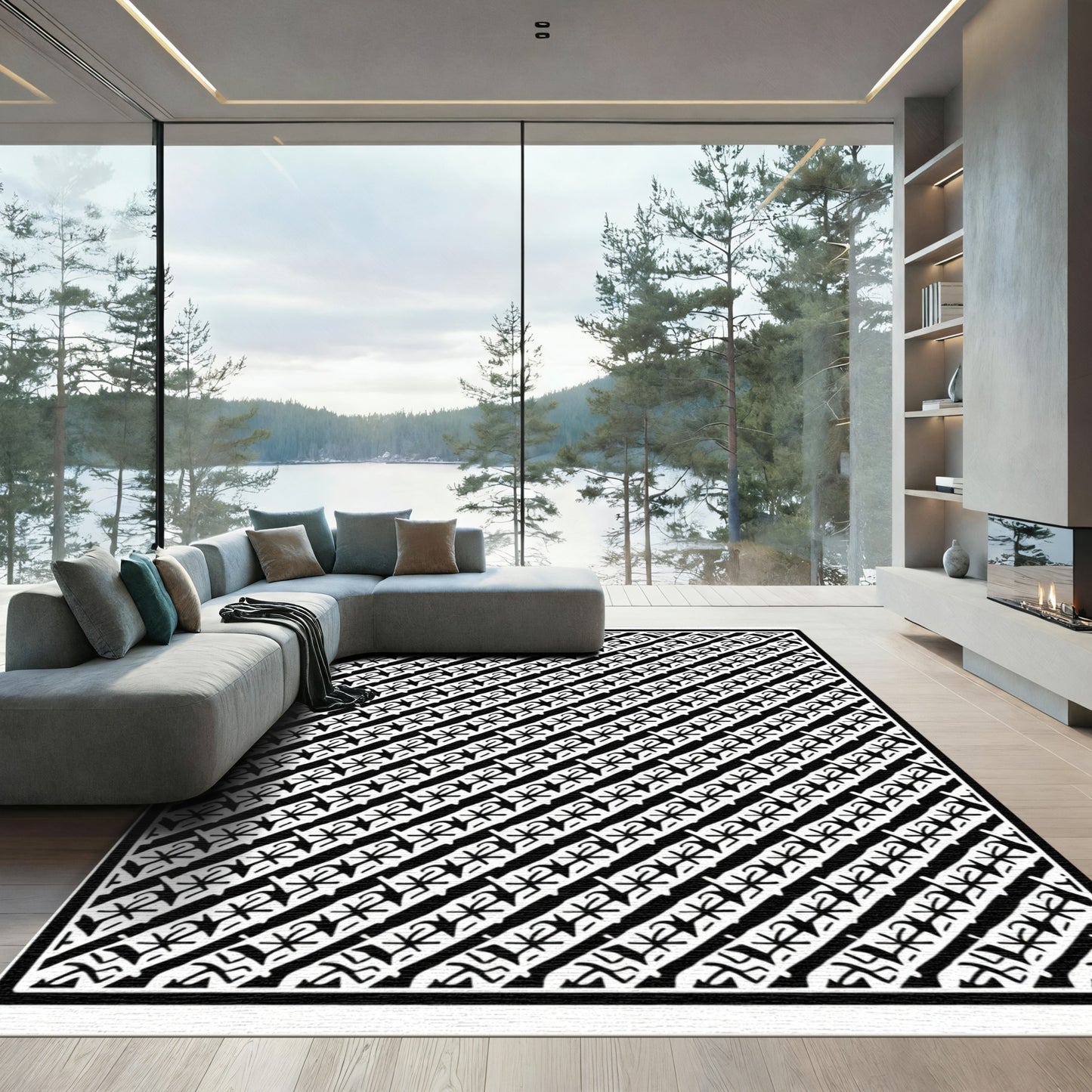 Black White Abstract Diagonal Stripe Rug