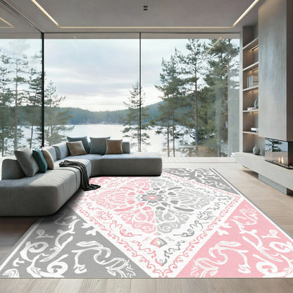 Pink Gray White Ornate Medallion Rug