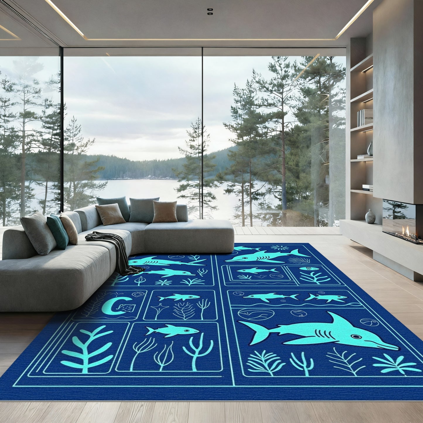 Oceanic Dolphin Shark Aquatic Scene Rug