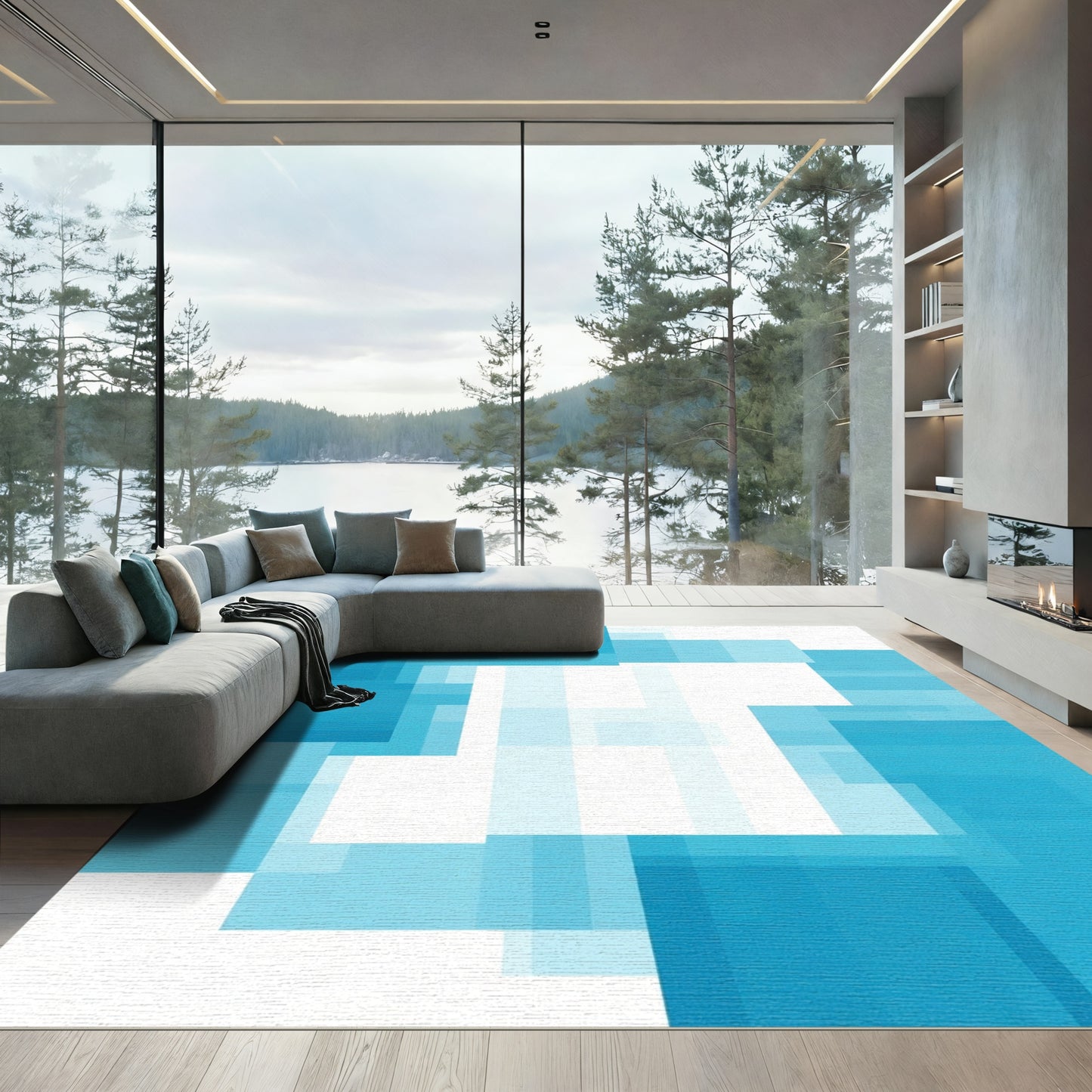 Aqua Abstract Geometric Overlay Rug