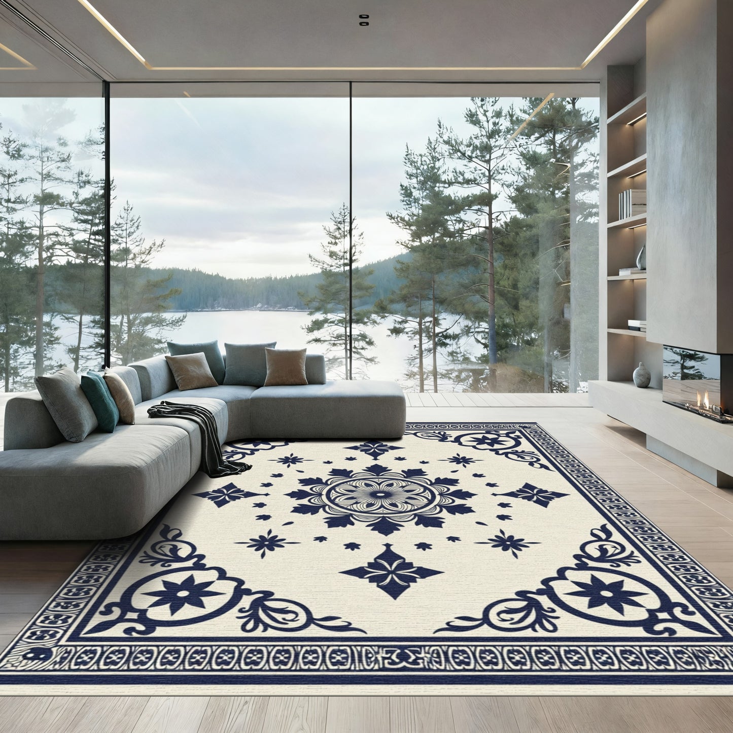 Dark Blue Floral Medallion Cream Rug