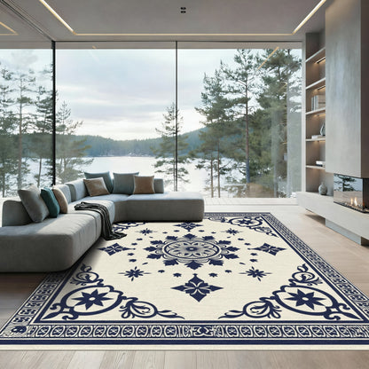 Dark Blue Floral Medallion Cream Rug