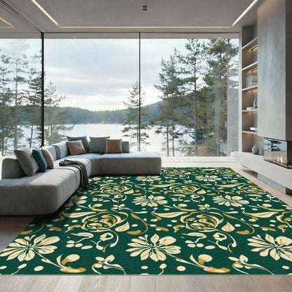 Forest Green Floral Swirl Gold Rug