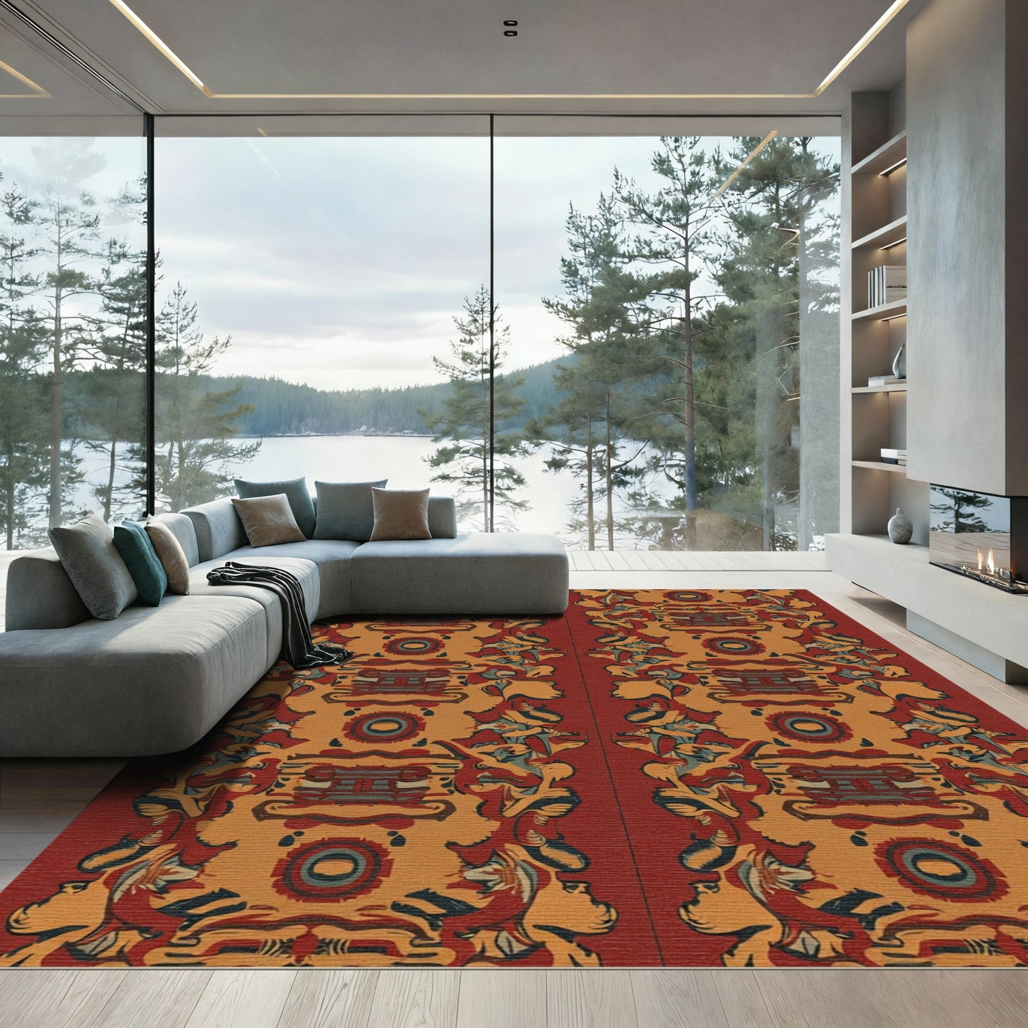 Red Ochre Abstract Tribal Border Rug