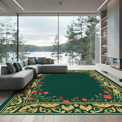 Golden Floral Swirl Green Red Accent Rug