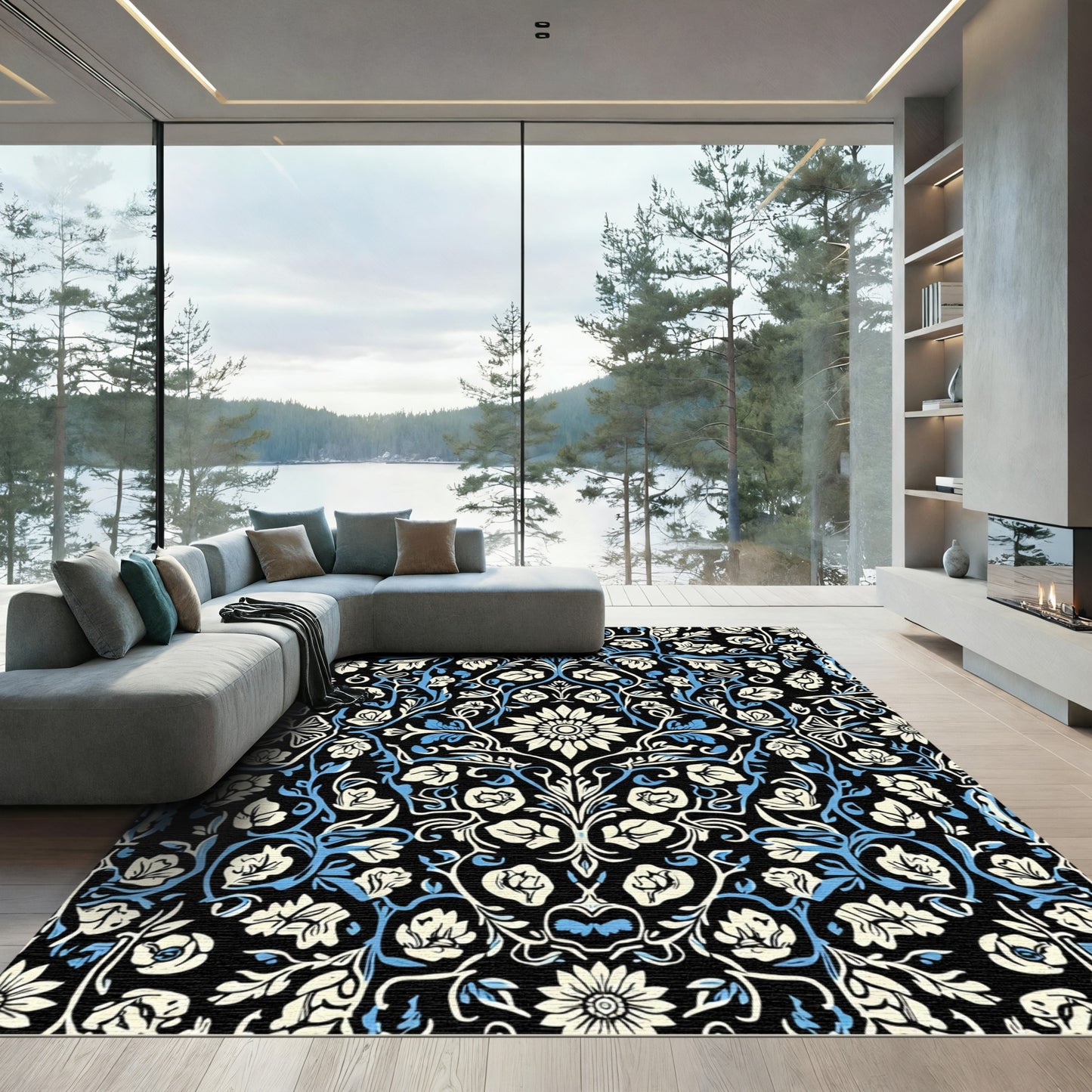 Cream Blue Floral Garden Symmetry Rug