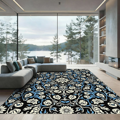Cream Blue Floral Garden Symmetry Rug